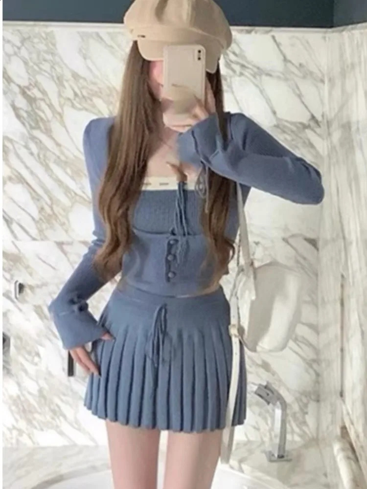 Y2k Sweet Outfits Woman Solid Knitted Cropped Patchwork Vest Slim Cardigan Mini Pleated Skirt Spring Korean Chic 3 Piece Set 250225
