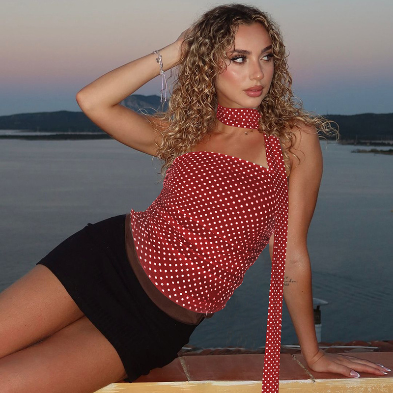 Women's Clothing 2025 Spring/Summer New Product Fashionable And Sexy Polka Dot Printed Slim Fit Patchwork Strapless Top