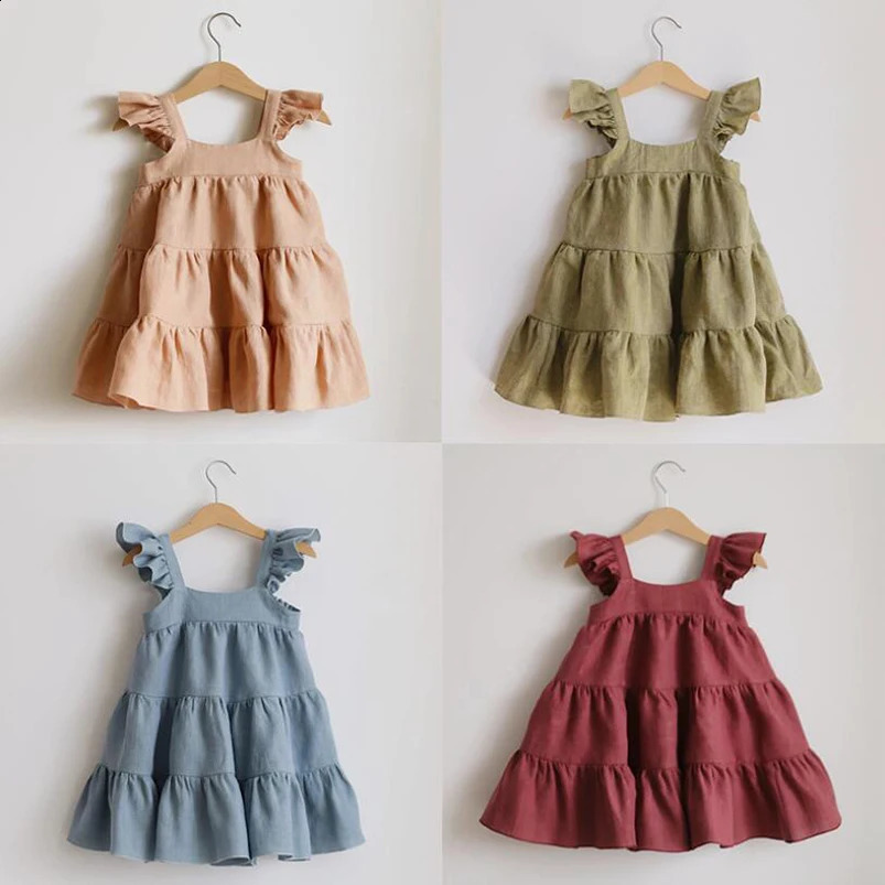 Ruffles Lace Girls Beach Dress Summer Vintage Linen Cotton Infant Kids Dresses for Girls Clothing Toddler Girls Cake Dress Child 250228