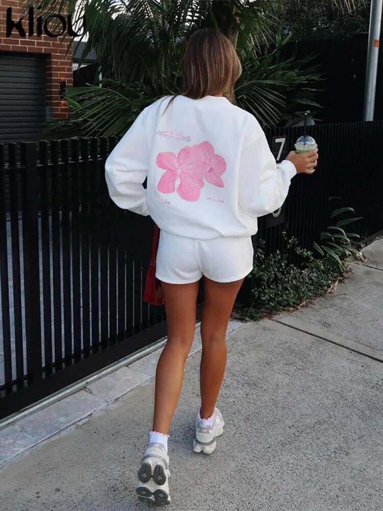 Kliou Casual Printed 2 Piece Women Concise Autumn Simple Long Sleeve O-Neck Sweatshirts+Elastic Waist Shorts Mujer Tracksuits
