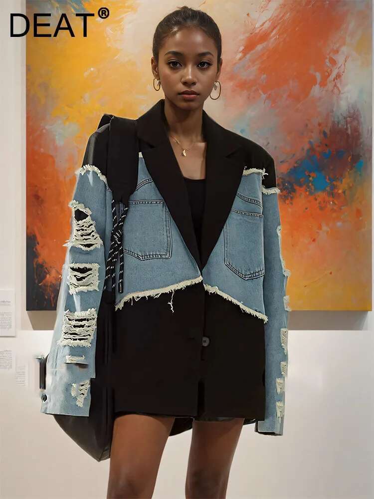 DEAT New Fashion Women's Contrasting Color Patchwork Suit Denim Jacket Loose Notched Long Sleeve Coat Female 2024 Autumn 11A0985