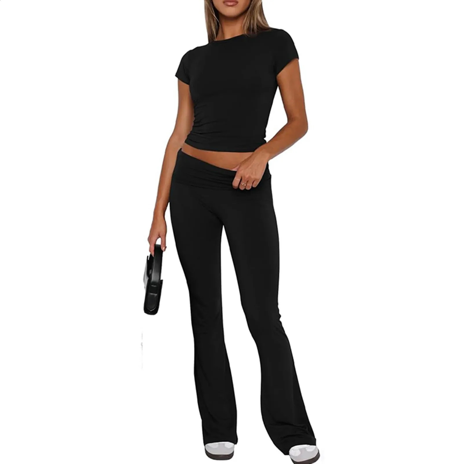 Fashion Womens 2 Piece Lounge Sets Short Sleeve Crop Top Foldover Flare Pants Casual Pajama Outfits Set Female Casual Tops 250225