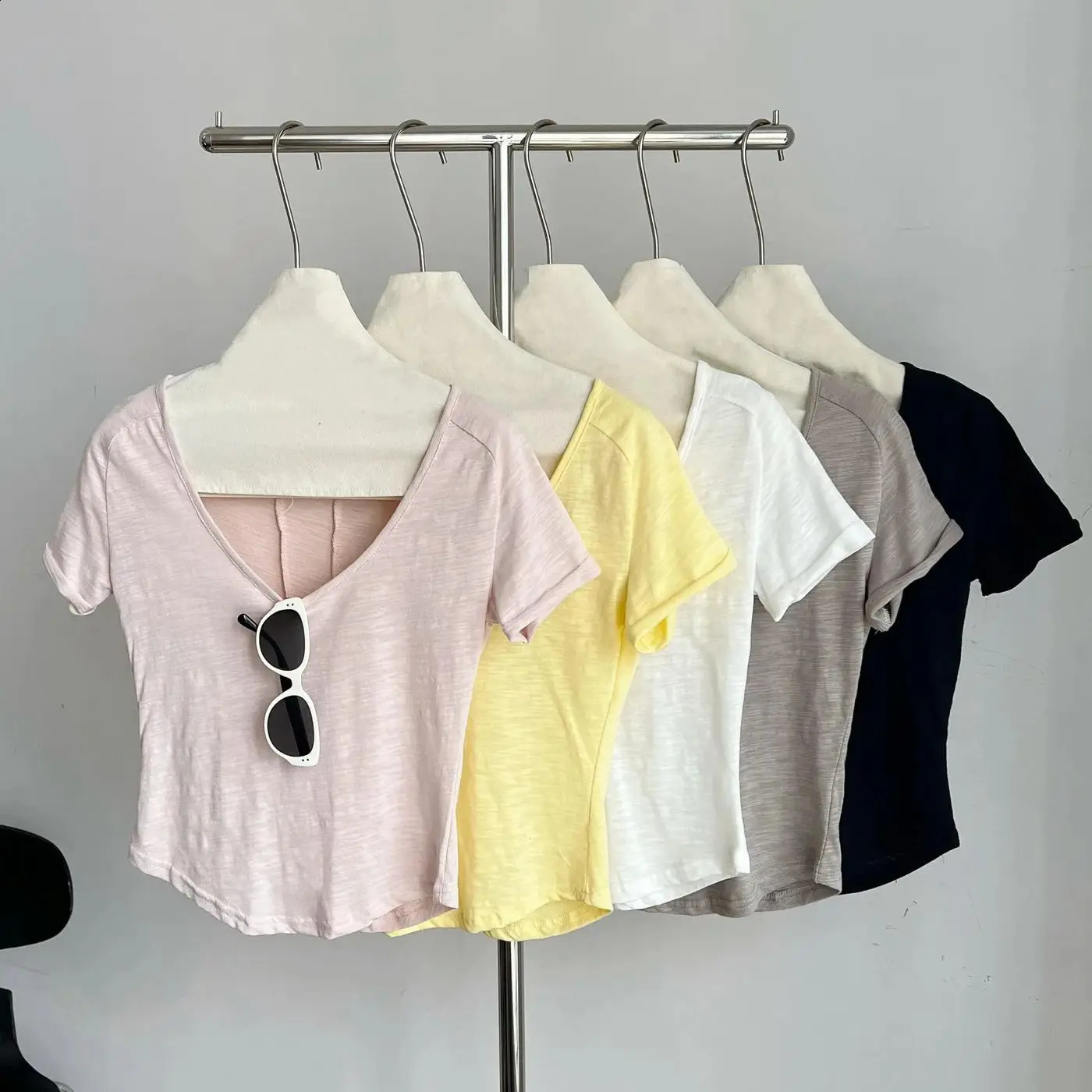 Women Summer basic Tops V neck Big collar Slim Pink solid tee Tops Short Sleeve Women Casual Tshirts 250225