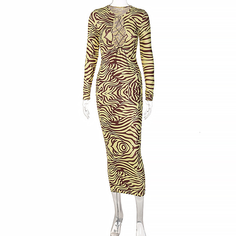 Women's New4 New Winter Fashion Print Chest Hollow Long Sleeve Slim Fit Dress For Women