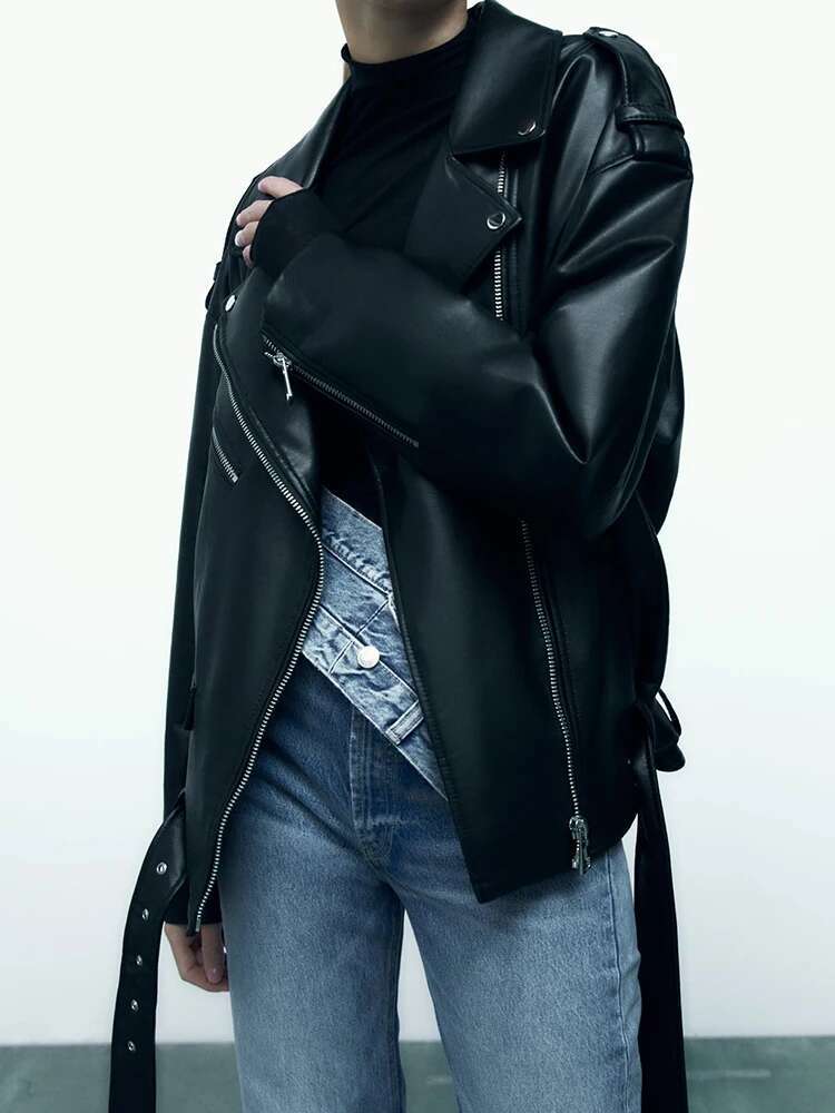Designer Aigo Women Loose Motorcycle Biker Black Pu Faux Leather Jacket With Belt Spring Autumn Female Zipper Coat Outwear