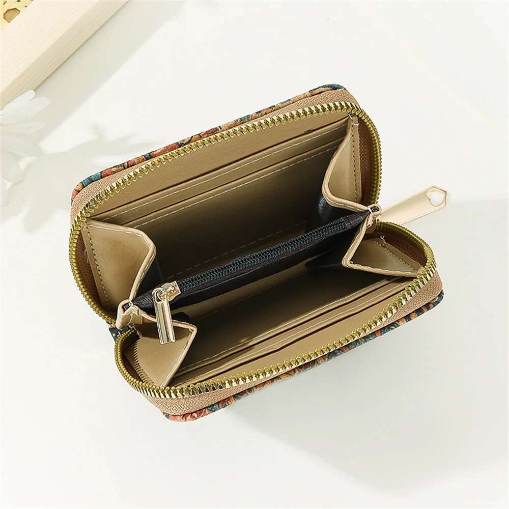 Retro Printed Short Zipper Small Wallet Portable Cork Coin Purse Multi Functional Slot Women's Card Holder Wallets