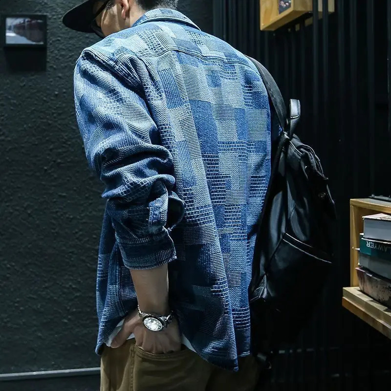 Fashion Lapel Button Pockets Printed Geometric Denim Shirts Mens Clothing 2024 Autumn Winter Loose Punk Tops Casual 250226