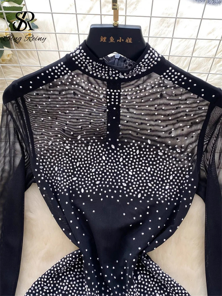 SINGREINY Summer Thin Sheer Sexy Bodysuit Long Sleeve Zipper With Shorts Rompers Beadings Streetwear Women Mesh Playsuits 250225
