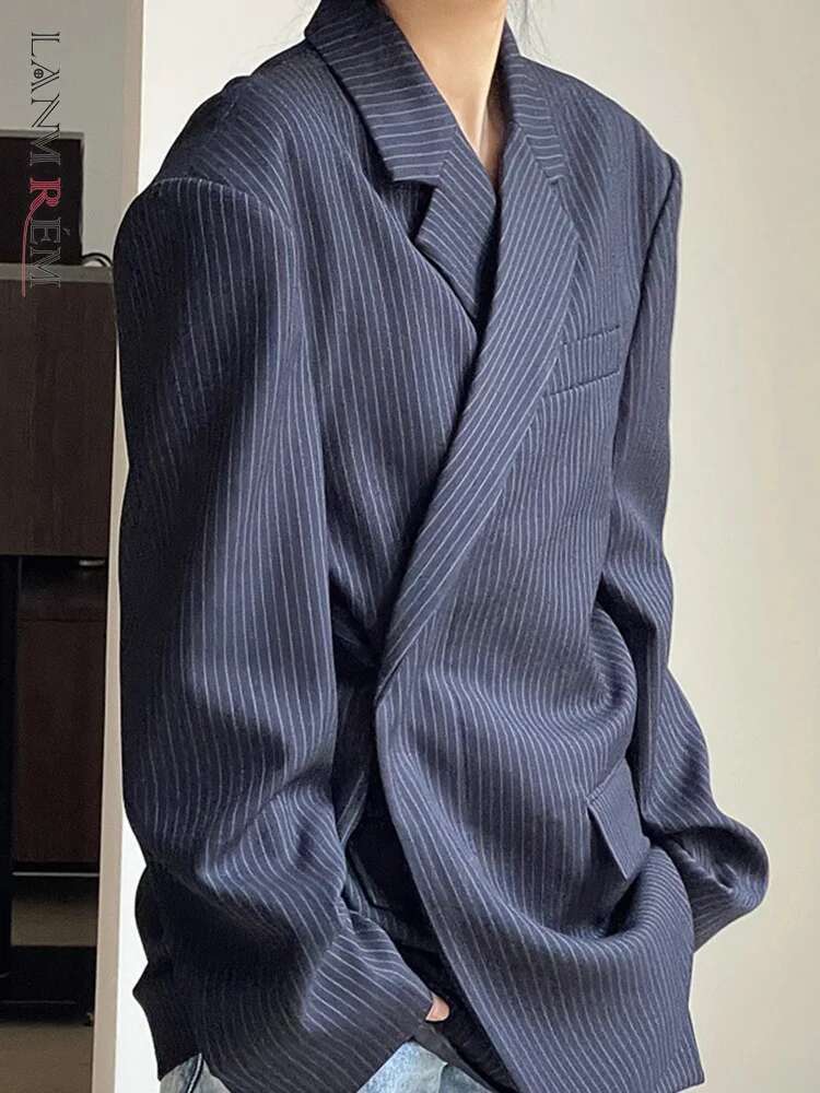 Striped Design Blazer For Women Notched Single Button Long Sleeve Loose Jackets Spring New Clothing Zm493