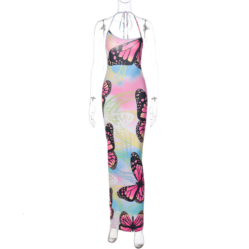 Women's Clothing New4 Summer New Fashion Print Sexy Backless Pleated Slim Fitting Lace Up Dress