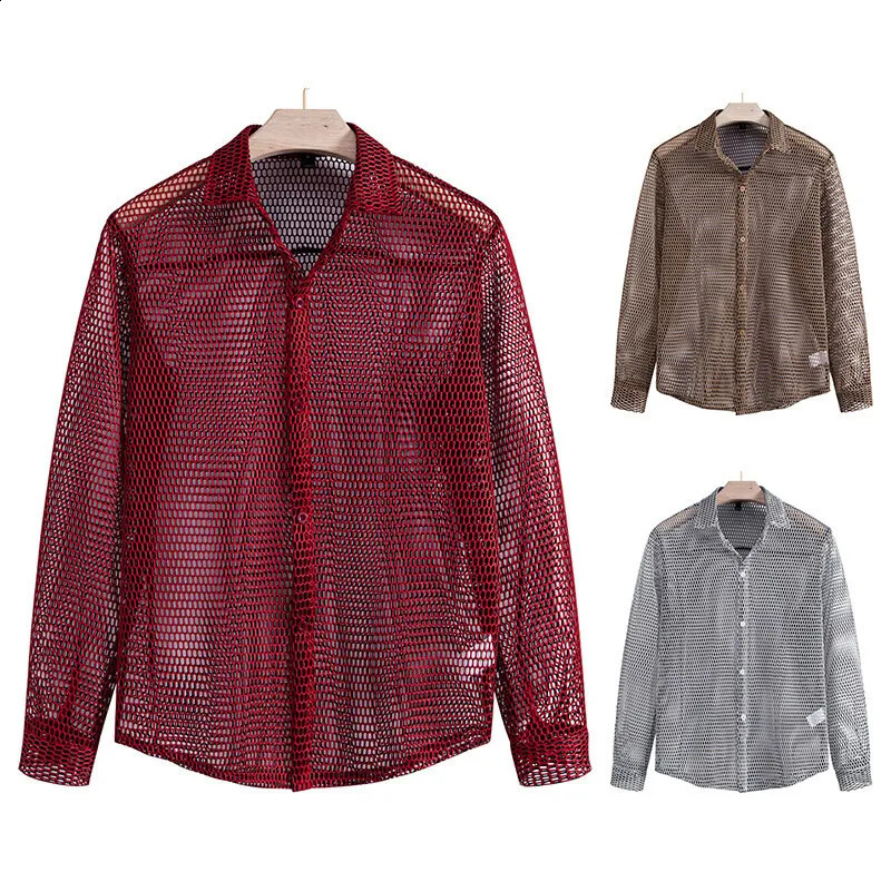 PFHQ Mens Hollowed Out Long Sleeved Shirt Nightclub Single Breast Long Sleeve Casual Male Tops 21E1635 250224