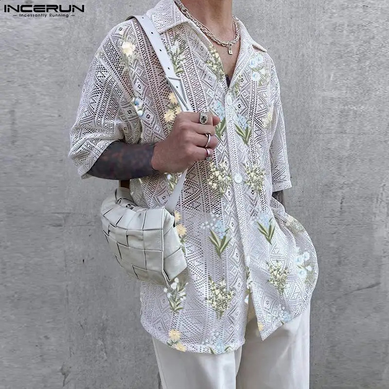 Mens Shirt Printed Mesh Hollow Transparent Collar Short Sleeve Mens Street Clothing Casual Camisas INCERUN 250224