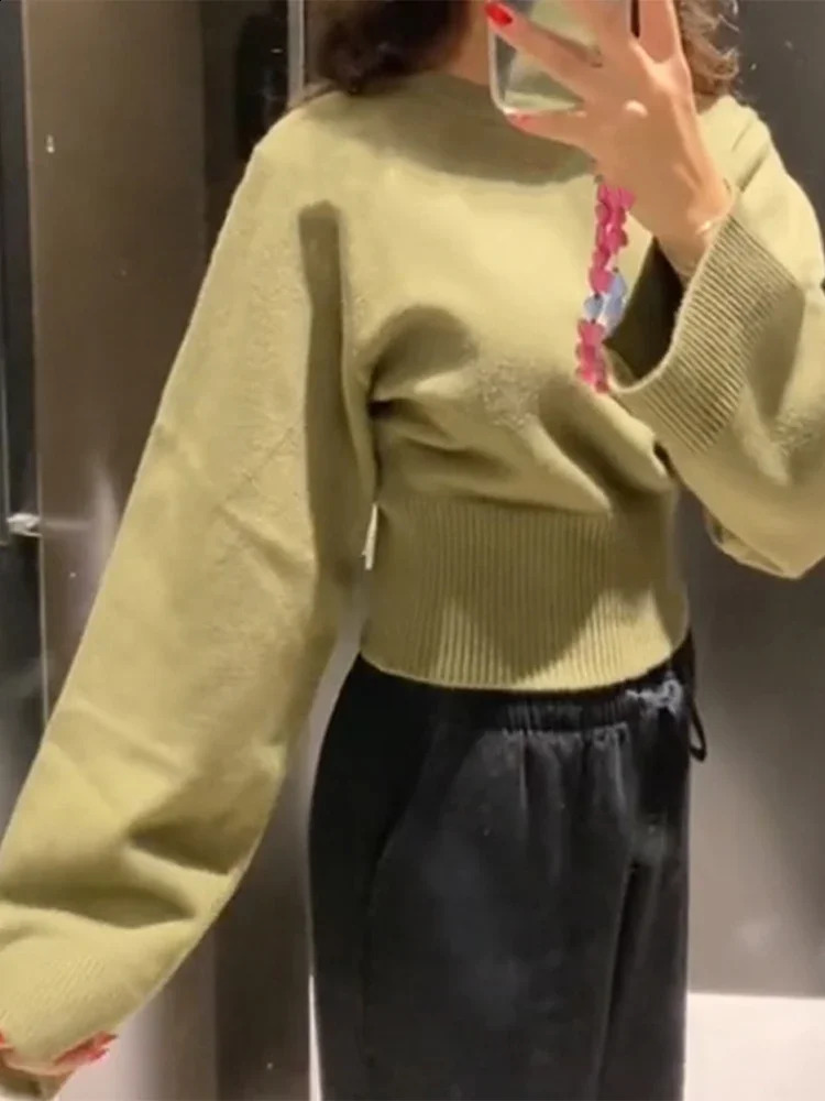2025 Knitted Womens Sweater Casual Round Neck Elastic Hemp Wide Sleeve Crop Pulled Top Fashion Jumper 250225