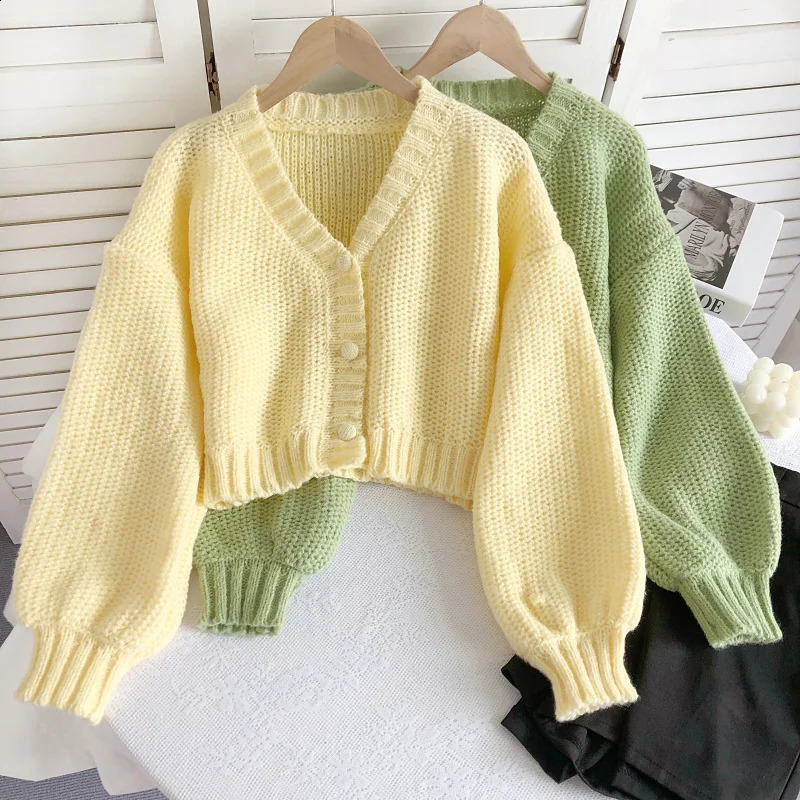 Retro Lazy Vneck Longsleeved Knitted Cardigan Autumn Winter Breasted Sweater Jacket Solid Color Short Women Cardigans 250225