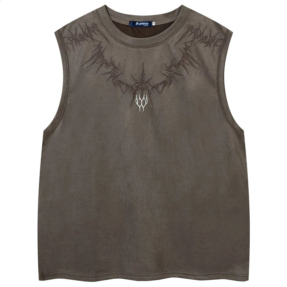Vintage Suede Tank Top Y2K Embroidery Sleeveless Vest T-Shirt Streetwear Men Harajuku Hip Hop Loose Punk Gothic Tops Shirts 250226