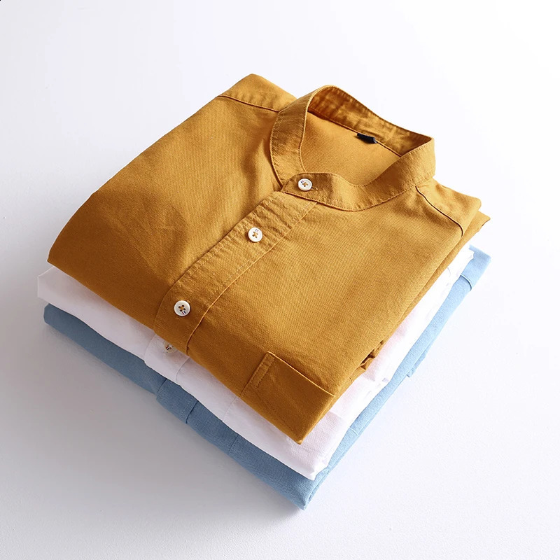 Chinese style 100%cotton Standing collar shirts for men Casual long-sleeve streetwear tops Standing collar shirt fashion clothes 250225