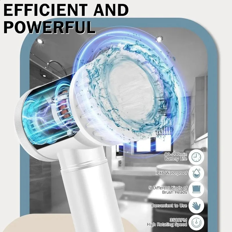 Electric Spin ScrubberBathroom Cleaning Brush Power Scrubber with 5 Replaceable Brush HeadsElectric Cleaning Brush 250225