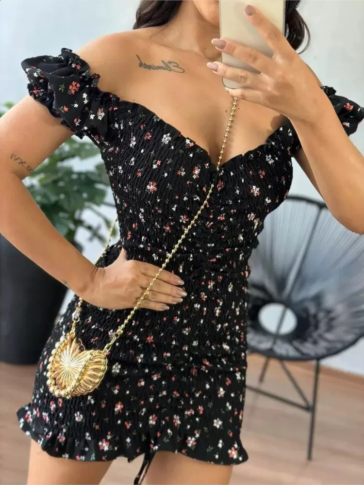 2024 Summer Slim Mini Floral Dres Sexy Vneck Backless Ruffles One Shoulder Dresses Female Fashion Commuting Clothing 250227