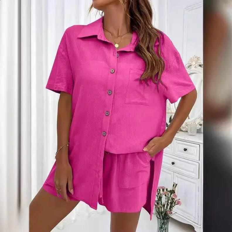 Solid color single chest casual loose shorts set womens summer womens 2-piece set full set womens clothing 250228