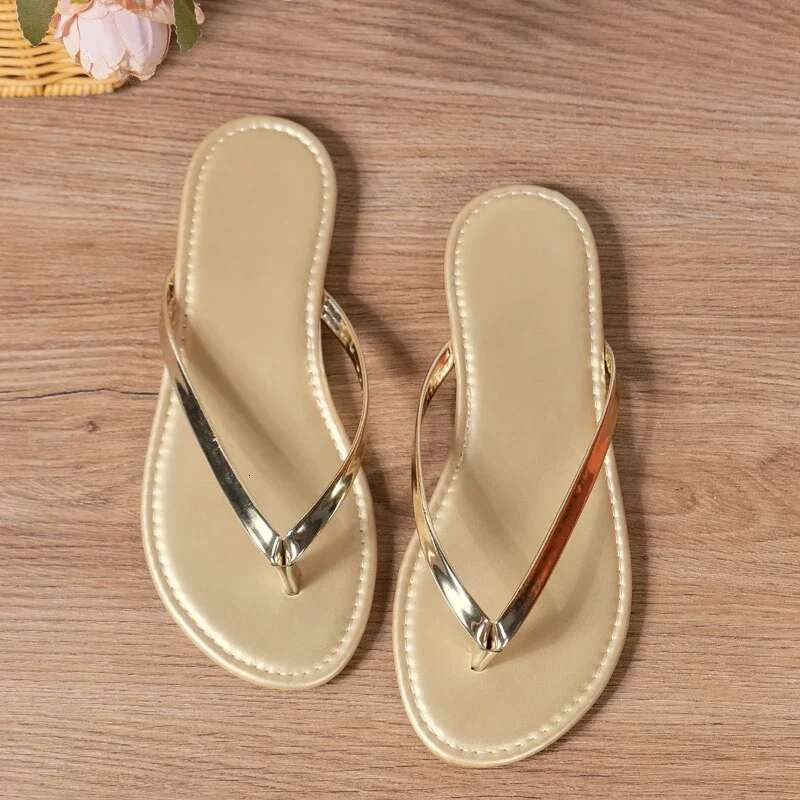 Solid 2025 Fashion Color Casual Summer Comfortable Sier Gold Shoes Beach Home Flat Simple Women's Slippers