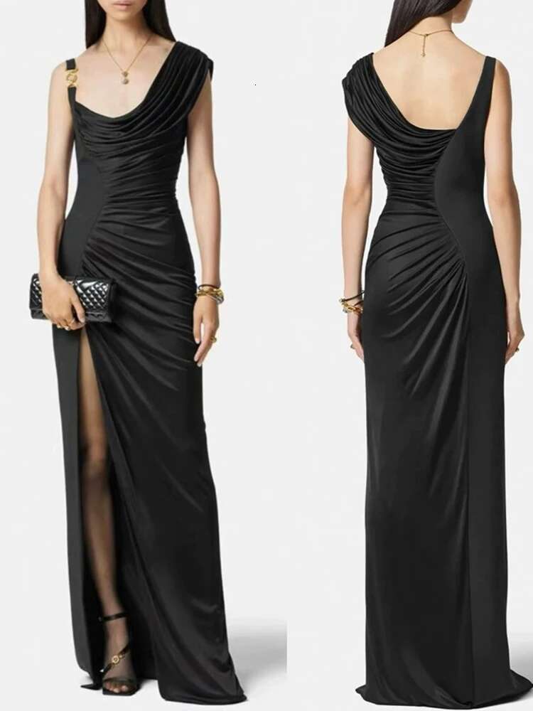 Metal Buckle Diagonal Shoulder 2024 Summer Women's With Irregular Pleats And Waist Black Sexy Dress
