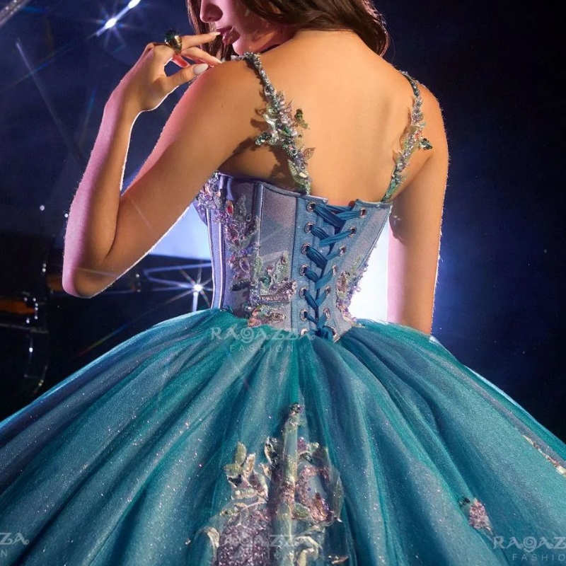 Water Blue Shiny Quinceanera Dresses Ball Gown Off Shoulder Applique Lace Beads Tull Corset Sweet 16 Dress Vestidos 15 De Anos