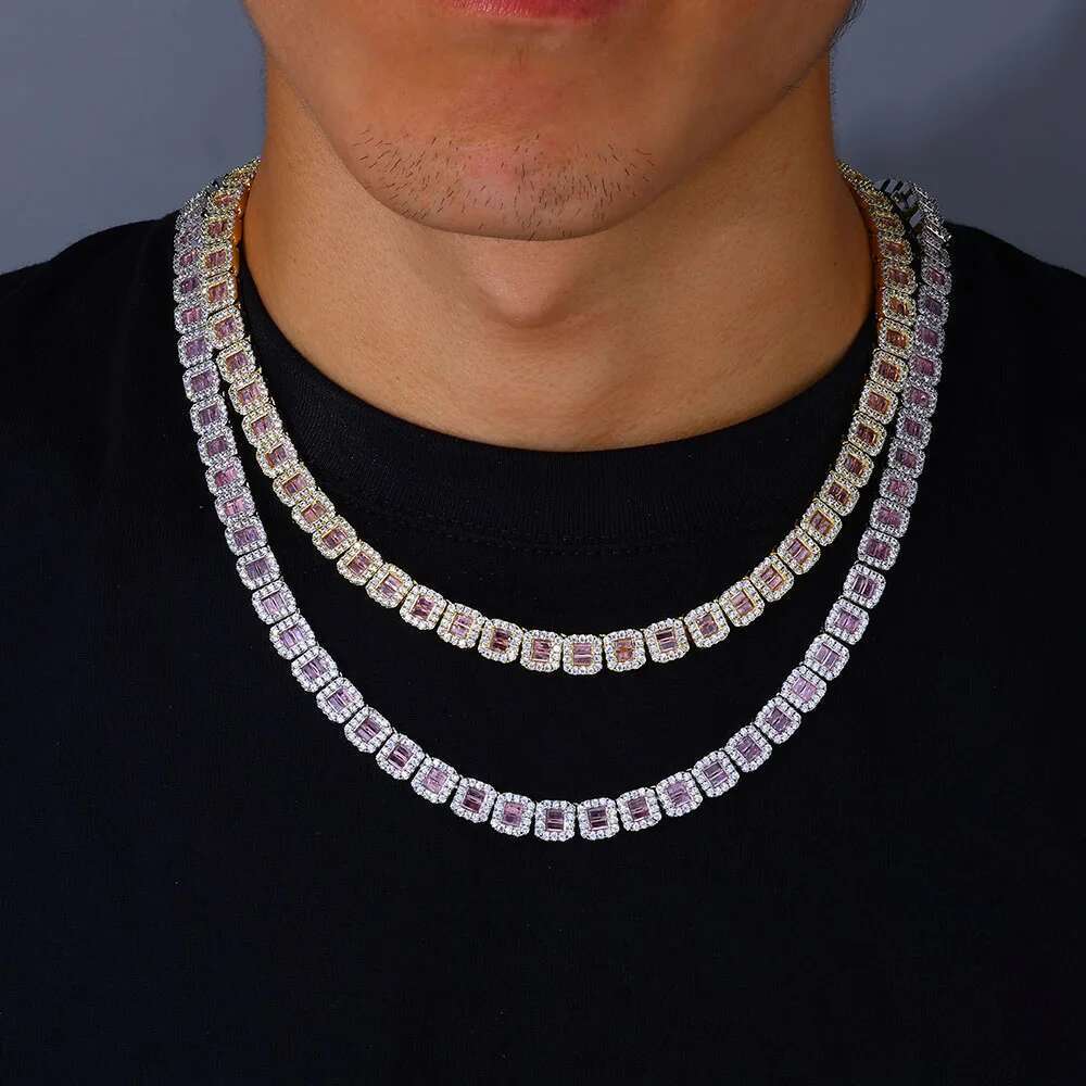 HHIOK Baby Pink CZ Tennis Choker Square Round AAAAA Zirconia Bg Necklace Bracelet Rapper Jewelry