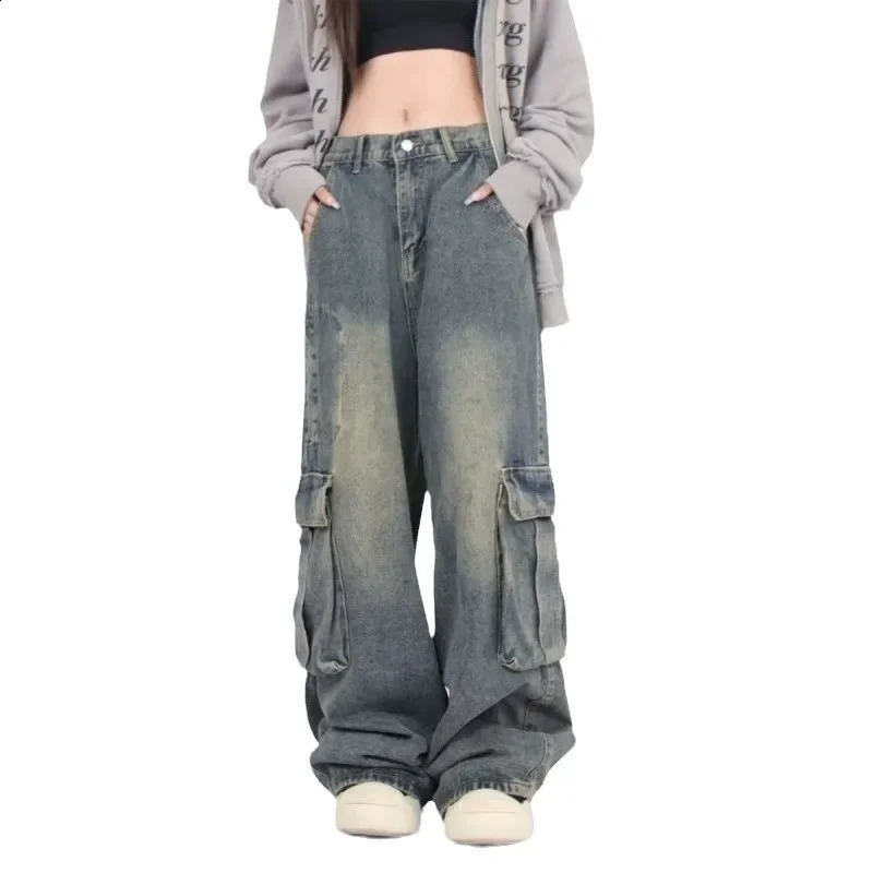 Vintage American Style Distressed Jeans Autumn Men Womens Couple High Street Multi-Pocket Draped Casual Work Trousers 250226