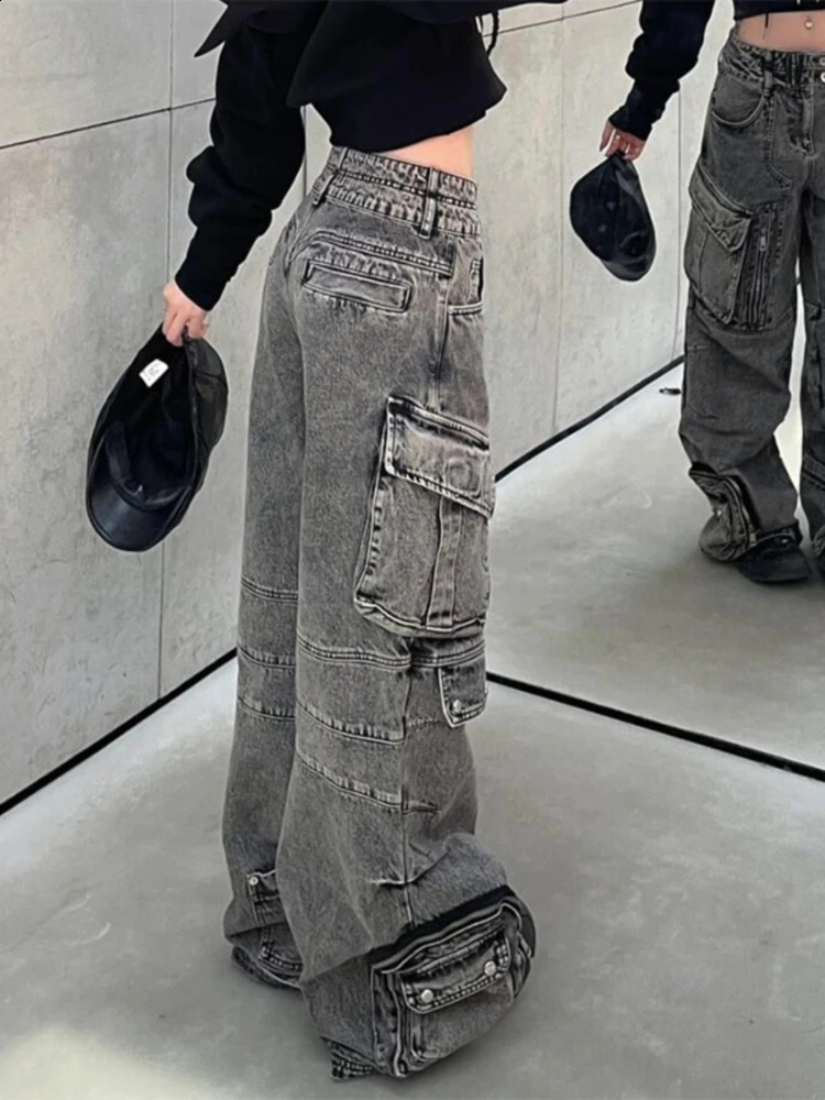 High Street Jeans Women Loose Multi Pockets ed Vintage Couples Streetwear American Wide Leg Trouser K Pop Clothing Daily 250224