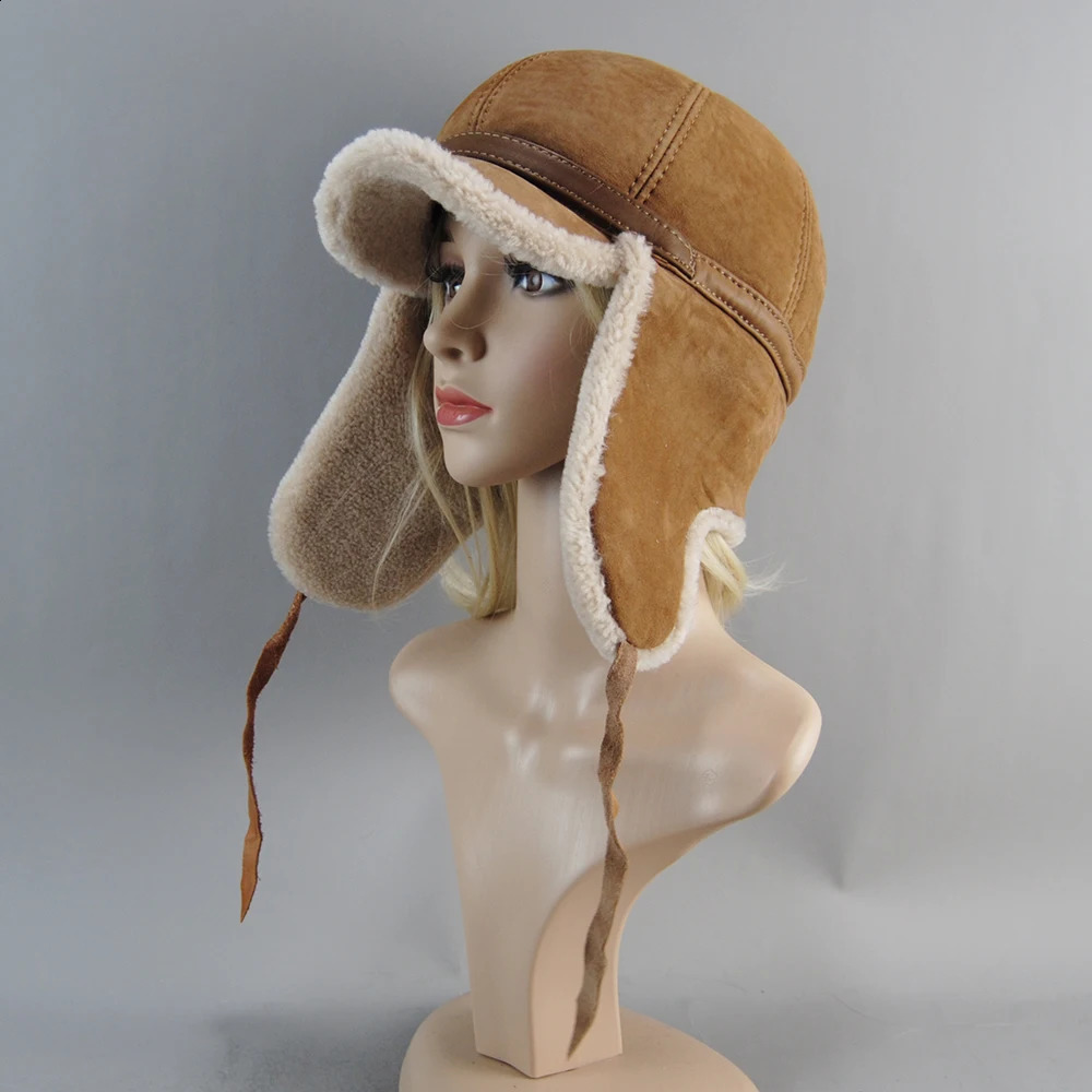 Real fur wool hat unisex winter warm bomber Russian Usanka with ear flaps cowhide thick snow earrings baseball cap 250228