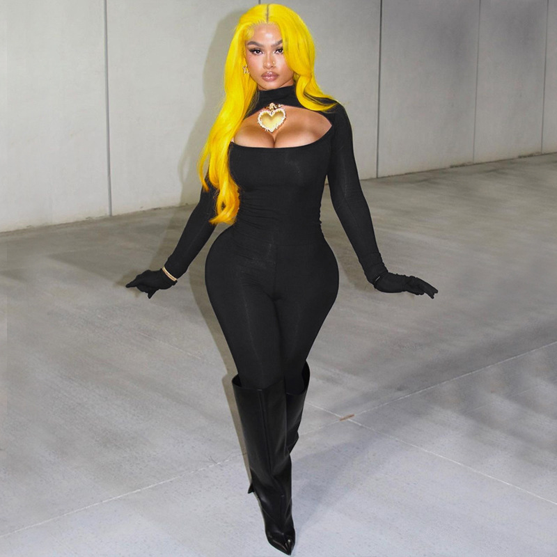 Women's New4 Spring New Fashion And Sexy Hollow Finger Cover Slim Fit Solid Color Jumpsuit