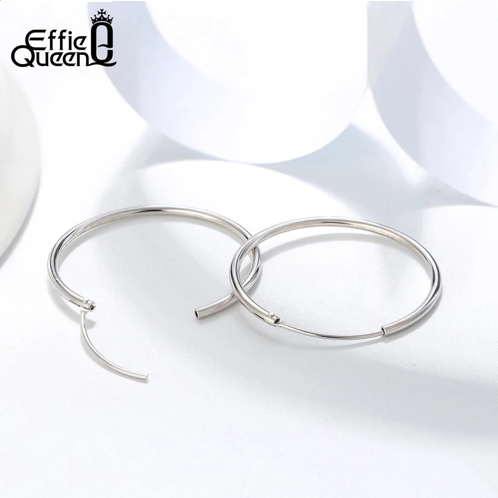 Effie Queens simple pure silver large hoop earrings with different sizes of 30mm 40mm 50mm. Minimum style earring accessories 250228