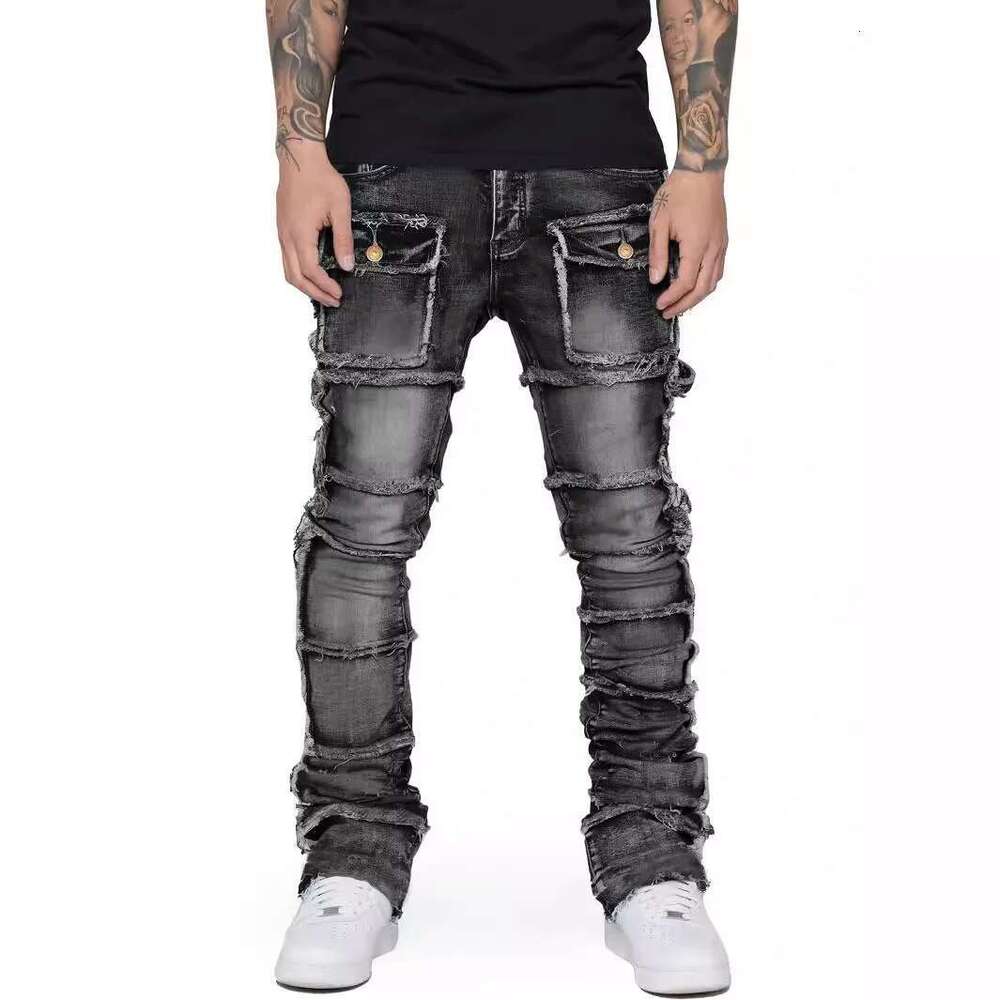 Men's Regular Stacked Jeans Ripped Slim Fit Patch Distressed Destroyed Straight Denim Pants Hip Hop