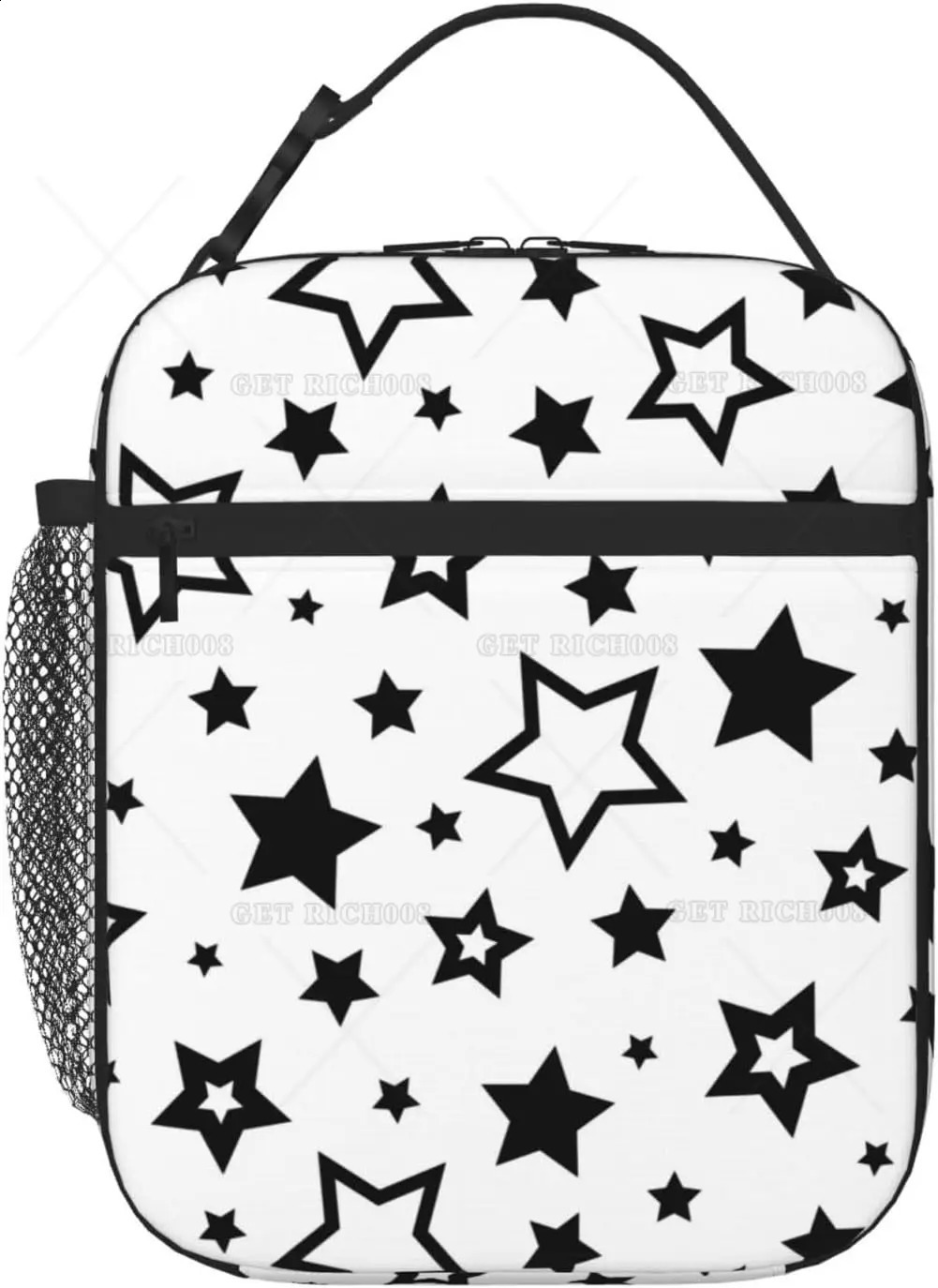 Black Stars In White Portable Lunch Bag Insulated Lunch Box Reusable Totes for Women Men Work Picnic Camping One Size 250228
