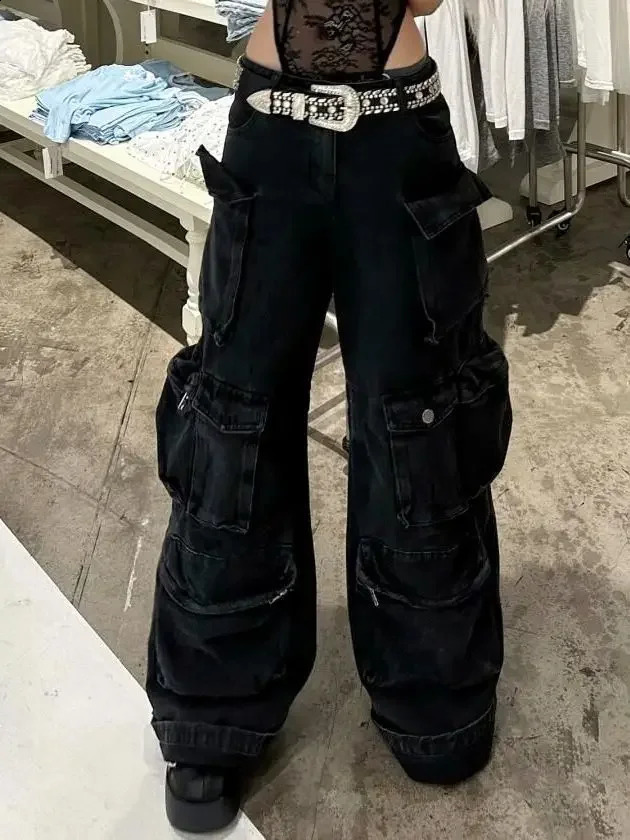 Casual jeans American washed multi-pocket work jeans Y2K retro womens street black straight-leg loose wide-leg pants 250224