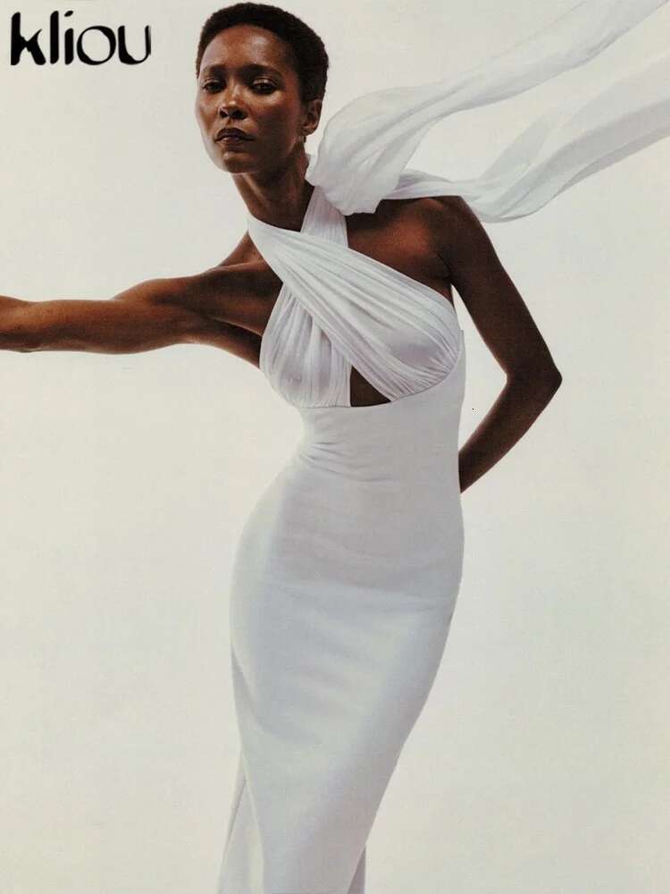 Kliou Ribbons Women Long Dress Patchwork Cross Halter Sleeveless Backless Straight Vestidos Female Elegant Evening Classic Robe