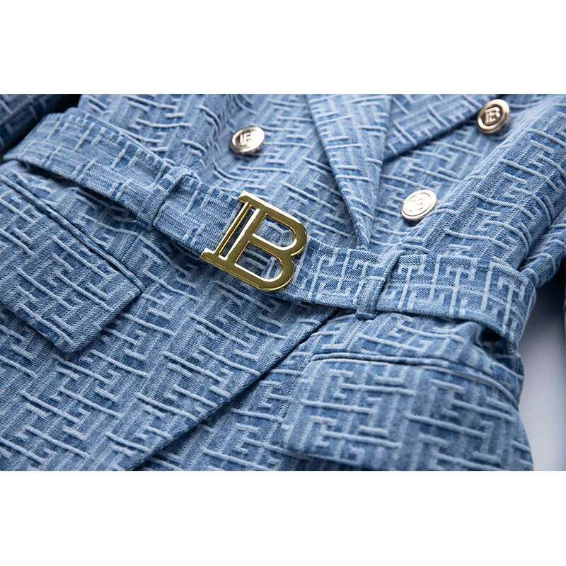 Custom Washed Fabric Wholesale Geometric Pattern Denim Jackets For Ladies Women Fashion Blazer With Belt