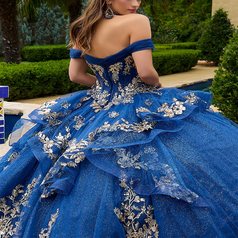 Royal Blue Shiny Quinceanera Dresses Ball Gown Off Shoulder Gold Applique Lace Beads Bow Tull Corset Sweet 16 Dress Vestidos 15 De Anos