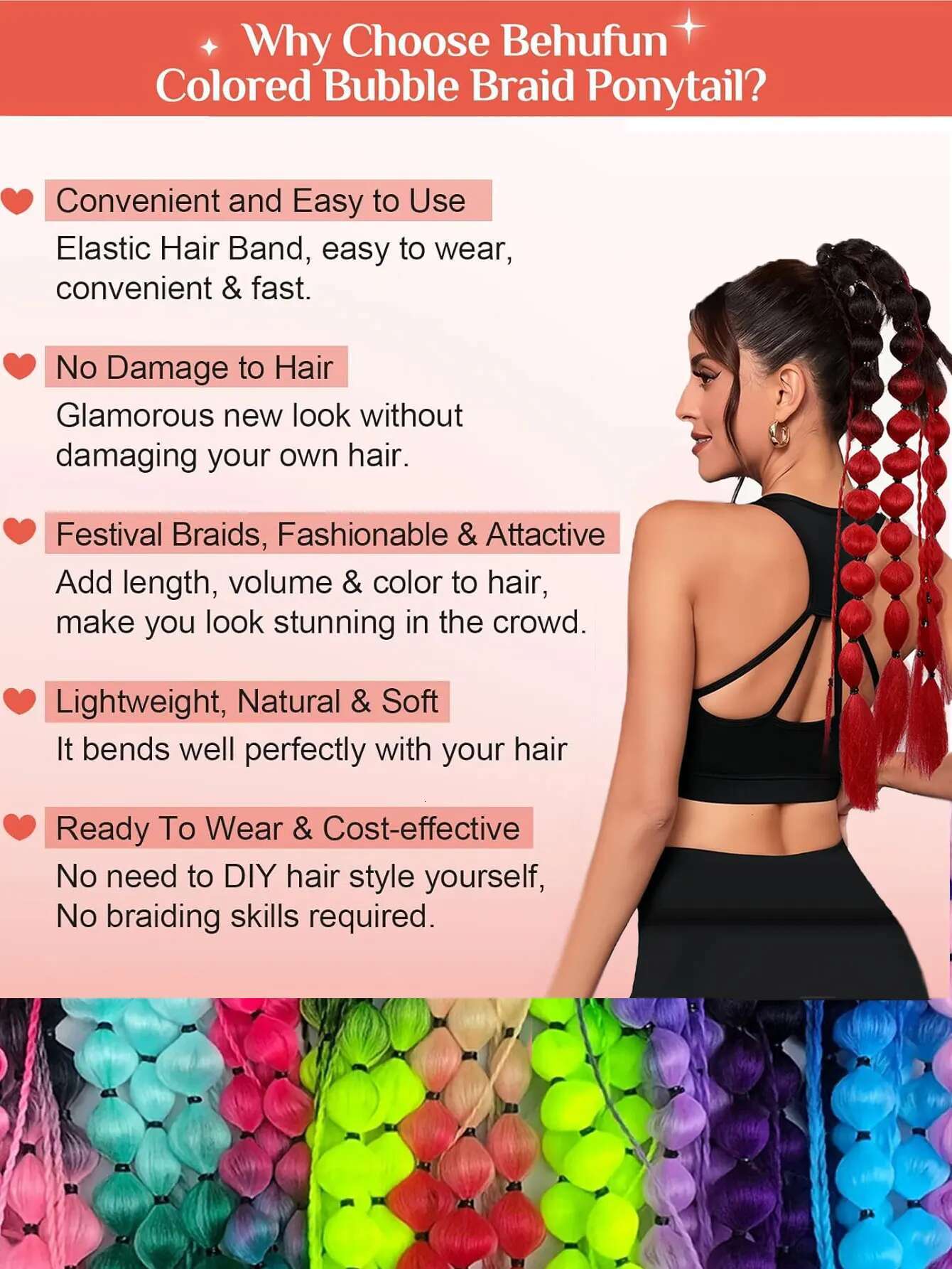 Synthetic Extensions 24" Colored Bubble Y2k Ponytail With Hair Tie For EDC Festival Rave Accessories