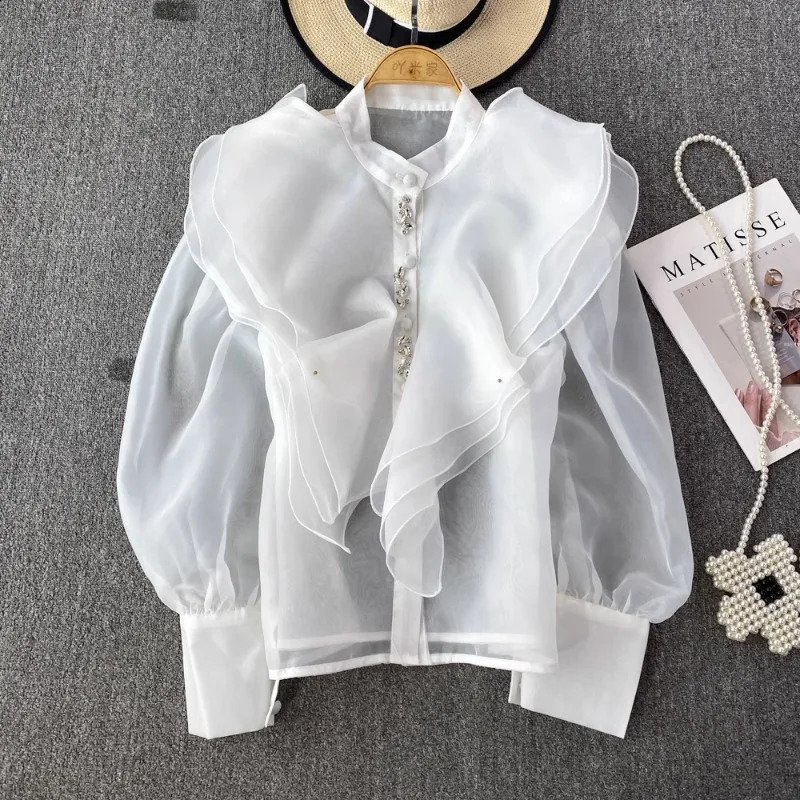 Chic Womens Tops And Blouses Organza Ruffles Blouse For Women Beading Mesh Sheer Blouse Feminina Elegant Korean Fashion Dropship 250228