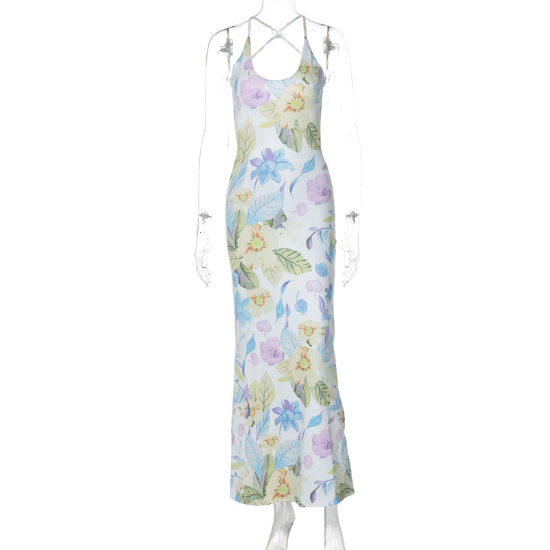 Women's New4 Summer New Product Fashionable Printed Sexy Backless U-Neck Slimming Strap Dress