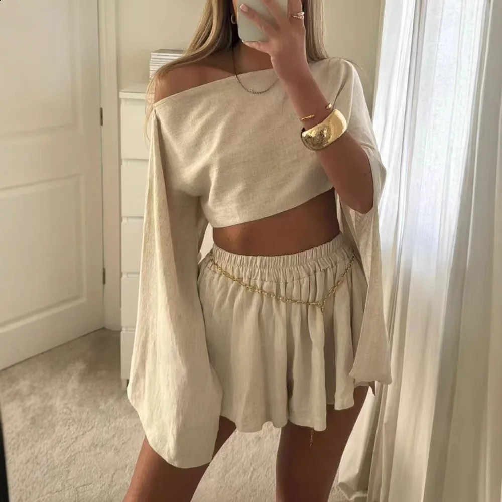 Solid Beach Short Sets Women Fashion Off The Shoulder Crop Top and Mini Shorts Outfits Summer Casual Loose Holiday Two Piece Set 250228