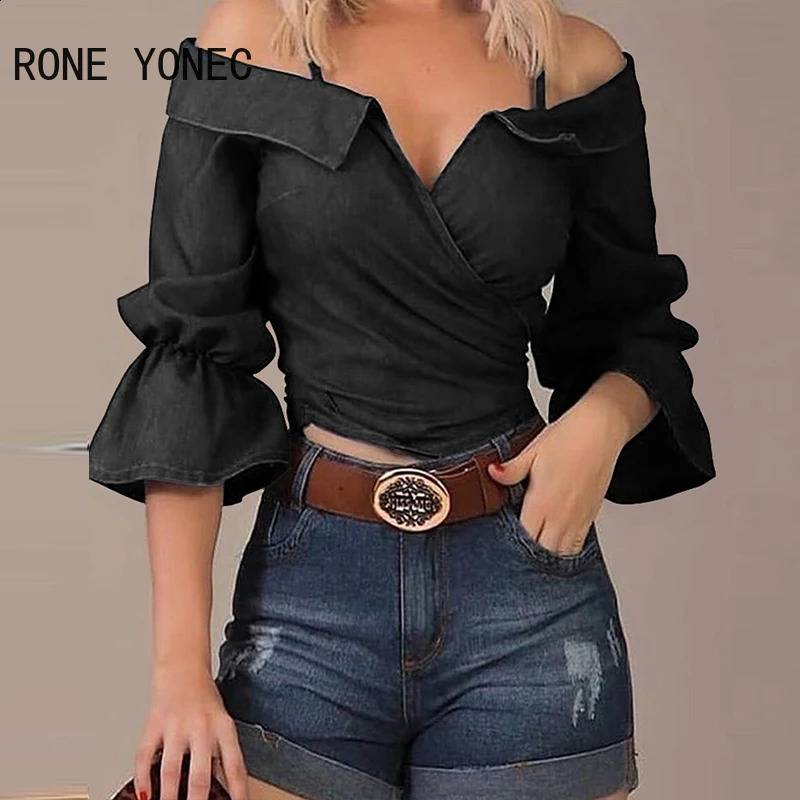 Womens Chic Off Shoulder Three Quarter Flared Sleeves Denim Summer Blouse Tops 250228