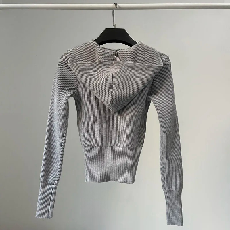 Hooded Slim Solid Cropped Zipper Cardigan Women Crochet Knitwear Knitted Top Jacket Korean Gray Black Beige Brown