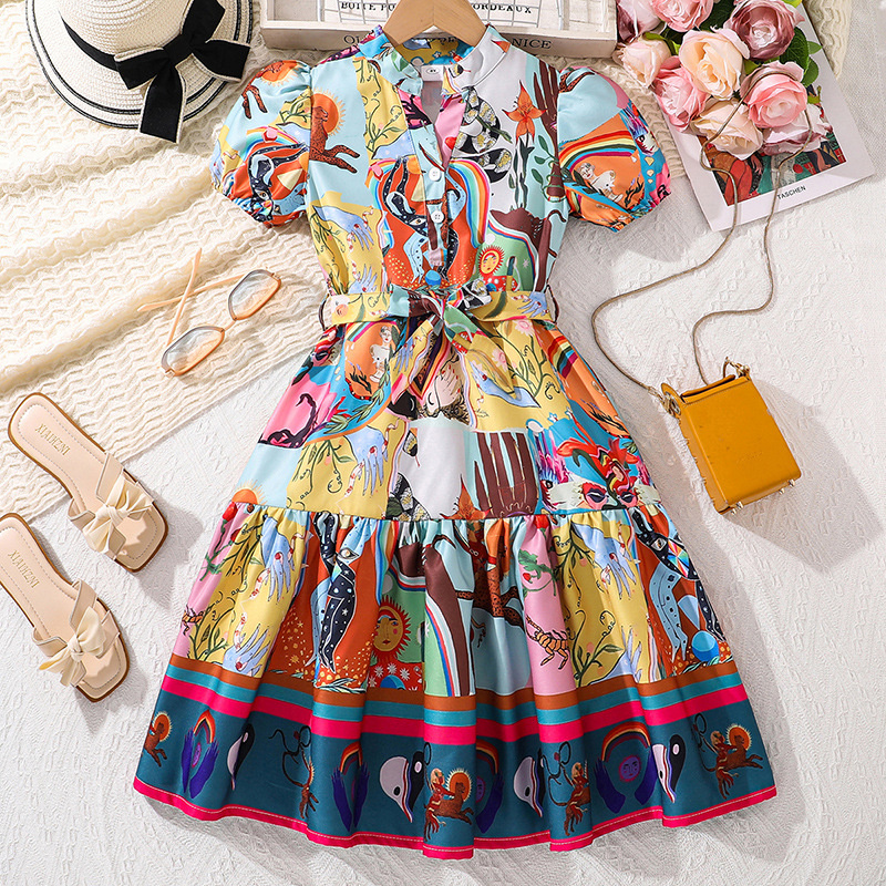 Graphic Dress For Tween Girls 8-12 Years Allover V-Neck Puff-Sleeve Shirt Dress Trendy Preteen Kids Summer Casual Clothes D256