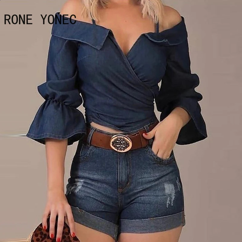 Womens Chic Off Shoulder Three Quarter Flared Sleeves Denim Summer Blouse Tops 250228