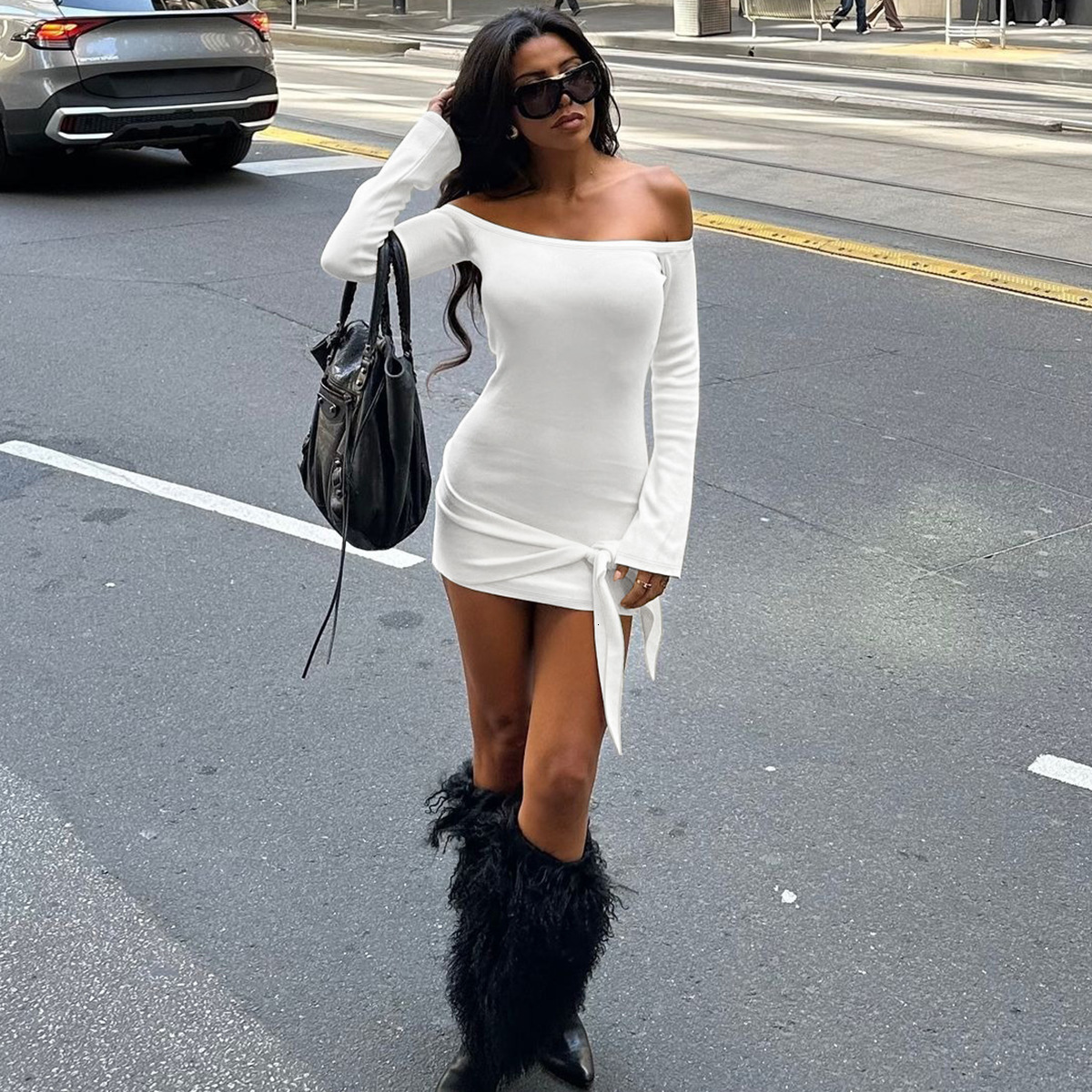 Hot Selling Women's Clothing New4 Autumn Winter New Product Fashionable And Sexy Slim Fit Lace Up Bag Hip Long Sleeved Dress For Women