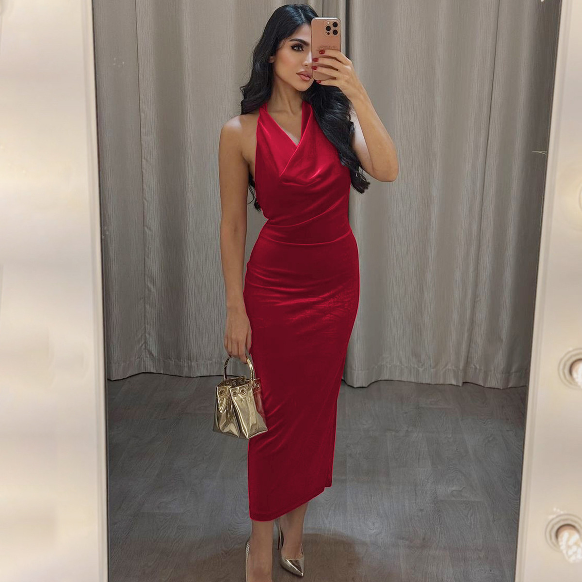 Women's Clothing 2025 Spring/Summer New Product Fashionable And Sexy Backless Slit Hanging Neck Lace Up Sleeveless Dress