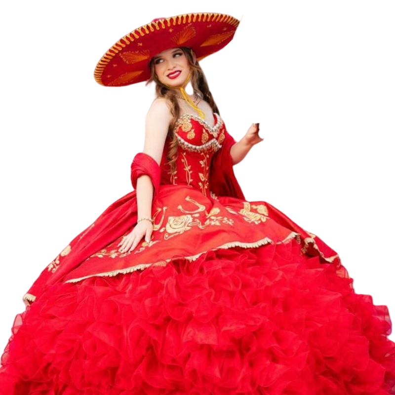Charro Ruffled Red Quinceanera Dresses Pearls Beaded Sweetheart Neckline Gold Embroidery Long Sweet 16 Dress Prom Boutique Special Occasion