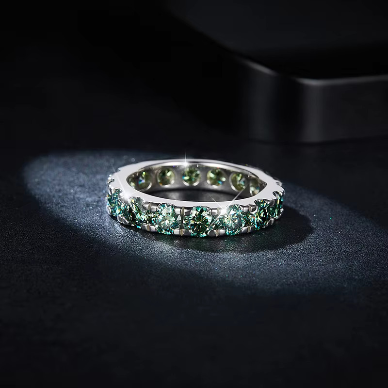 Full circle S sier gold-plated 4mm blue-green moissanite ring, fashionable style, men's and women's international trade